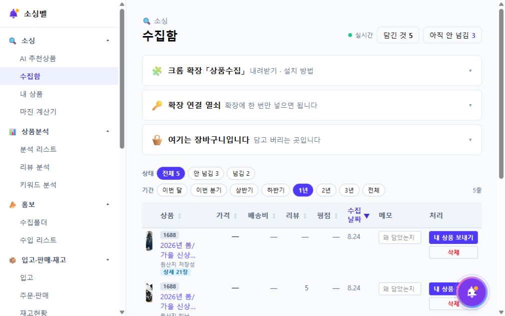 확장 설치와 연결 방법, 수집 현황이 보이는 소싱벨 수집함